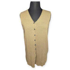 Vintage Jones Wear Long Sleeveless Button-Front Knit Vest in Camel Size Large
